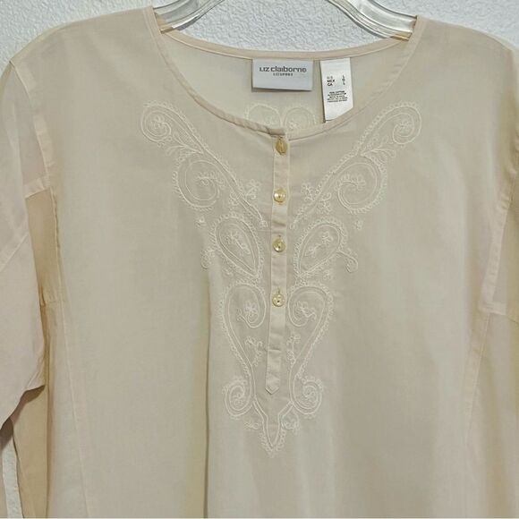 NWOT LIZ CLAIBORNE Neutral Ivory Cotton Embroidered Relaxed Split Neck Tunic L - Picture 2 of 15